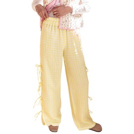 Owl's-Yard Women Y2K Gingham Print Pants Elastic Waist Dreawstring Wide Leg Trousers Side Tie-up Casual Lounge Pants