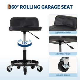 Rolling Mechanic Stool, 300 LBS Capacity, 18" to 22" Height Adjustable Shop Stool with Soft Cushion, Tool Tray & 3" 360° Lockable Swivel Wheels for Garage, Auto Repair, Workshop, ‌Heavy Duty, Black