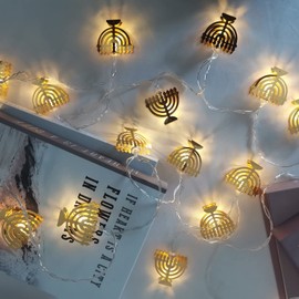 ElodieAu - Cadena de luces decorativas de Janucá de 10 pies, 20 luces LED de color blanco cálido con forma de nueve candelabros, decoración de Hanukkah para el hogar, para judíos, judaísmo, recámara, ventana, pared, valla de fiesta, decoración (dorado)