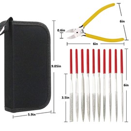 KALIM Diamond Needle File Set (10Pcs 150 Grit Precision Diamond Files) and 1 Diagonal Cutting Plier/Cutter in A Carry Bag, File Tools for Metal, Wood, Jewelry, Model, DIY, Hobby, etc.