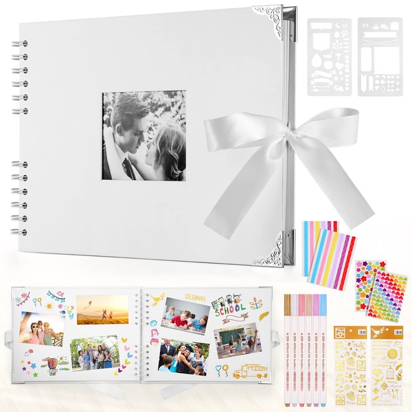 DazSpirit Scrapbook Photo Album - 80 Page DIY Memory Book, Interchangeable Cover, 160 Photo Capacity with Metal Pens, Stickers & Templates - Perfect for Weddings, Travel, Baby Milestones(White)