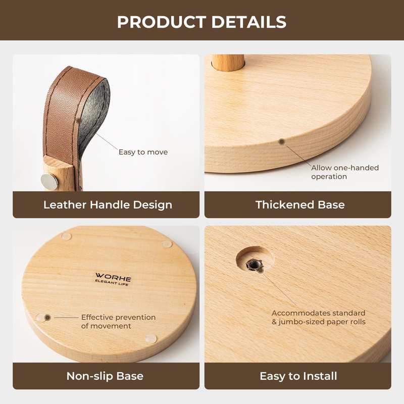 WORHE Wooden Paper Towel Holder with Leather Handle 1 Pack