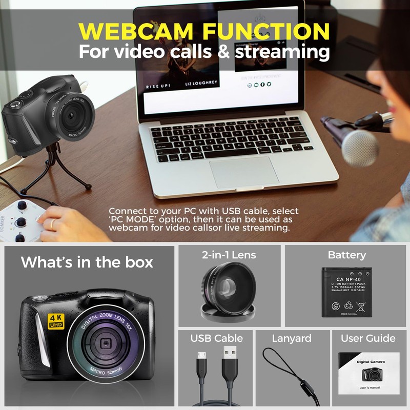 Digital Camera with Macro & Wide Angle Lens 48MP 4K