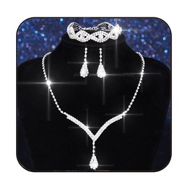 Aukmla Bridal Wedding Jewelry Set Rhinestones Wedding Necklaces Earrings Bracelet Sets Ctystal Prom Jewelry for Women and Brides (Silver)