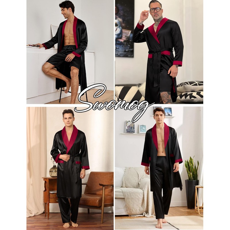 SWOMOG Men's 3 Pcs Robe Silk Satin Kimono Bathrobe with