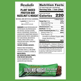 BAREBELLS Barritas de proteína veganas Barebells con sabor a avellana y turrón, 12 unidades, 1,9 oz, barra de proteína vegetal con 15 g de alto contenido de proteínas, bocadillos de proteína de choc