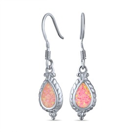 Antique Vintage Style Cable Milgrain Cameo Style Teardrop Iridescent Pink Created Opal Drop Dangle Earrings For Women .925 Sterling Silver French Wire
