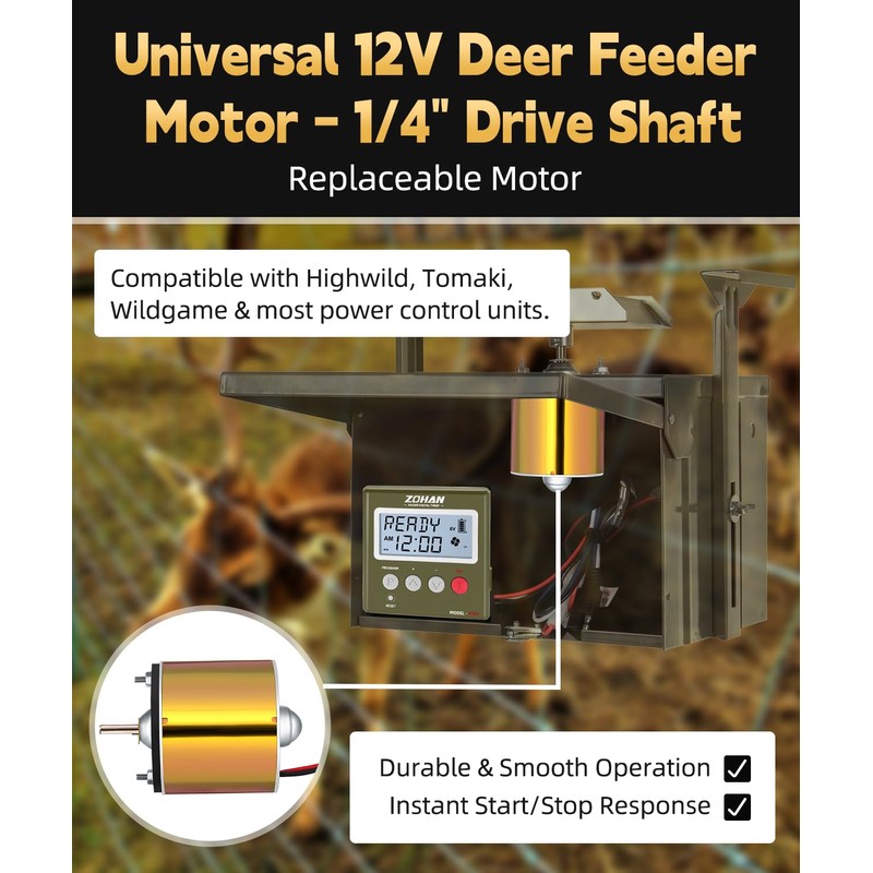 ZOHAN 12V Motor for Deer Feeder - 1/4" Shaft Feeder