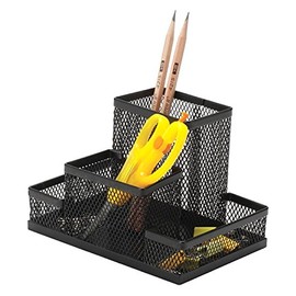 Q-Connect KF15112 Desk Organiser 4 Compartments / Painted Metal Mesh / Black / Desk Organiser / Mesh Metal Office Organiser Desk Organiser / with Rubber Feet / 15.3 x 10.3 x 10.0 cm