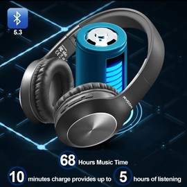 Rydohi Bluetooth Headphones Over Ear, 68H Playtime and 3 EQ Music Modes Wireless Headphones with Microphone/Deep Bass, HiFi Stereo Foldable Lightweight Headset for PC Home Travel Office (BLACK)