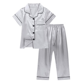 JiaYouLC Kids Pyjamas Girls Boys Short Sleeve Satin Pyjamas Button-Down Faux Silk Nightwear Children Sleepwear Teens Age 4-16 (UK, Age, 3 Years, 4 Years, Regular, Grey-B)