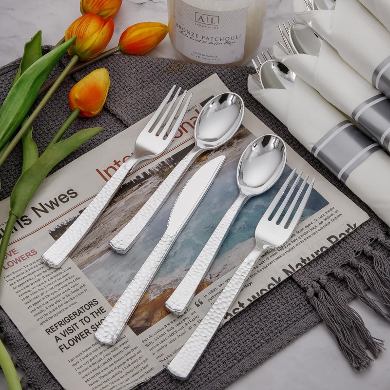 Supernal 60 Pack Pre-Rolled Silver Plastic Cutlery Heavy Duty Wrapped