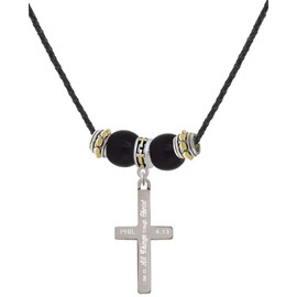 Delight Jewelry Stainless Steel Philippians 4:13 - I Can Do All Things Engraved Cross - Two-tone Cross Black Beaded Necklace, 18"+2"