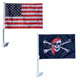 Hot Rides Premium Durable Double Sided Three Layers Heavy Duty Sleeve Car Flag 12“ x18” With Flag Pole Window Clip Mount For Most Vehicle Window (USA + Pirate Skull)