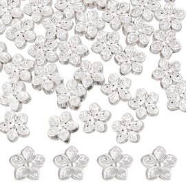 Beebeecraft 1 Box 50Pcs Silver Flower Beads Peach Blossom 925 Sterling Silver Plated 0.5mm Hole Floral Loose Spacer Bead for Jewelry Making Charms Bracelets Necklaces Earrings Supplies DIY Crafts