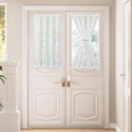 VOGOL Door White Sheer Curtains, Vine Pattern Light Filtering Short Drape with Top and Bottom Rod Pocket for Kitchen Dining Room, 25 Inch Wide by 40 Inch Long, One Panel