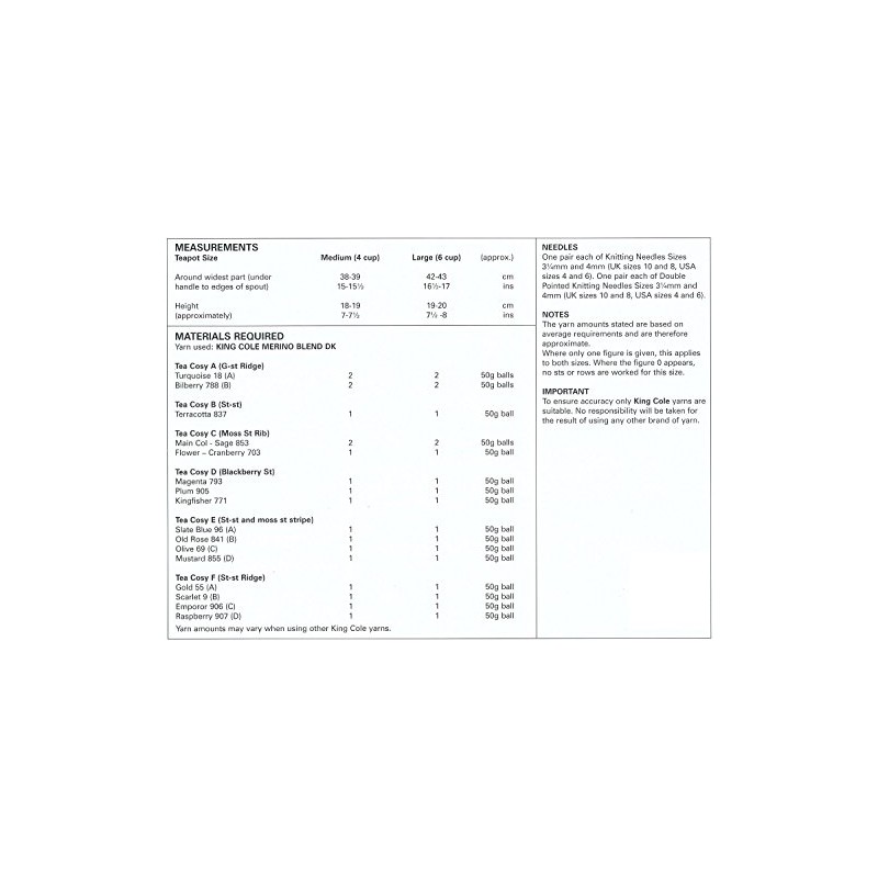 King Cole 9014 Knitting Pattern 6 Tea Cosies in King