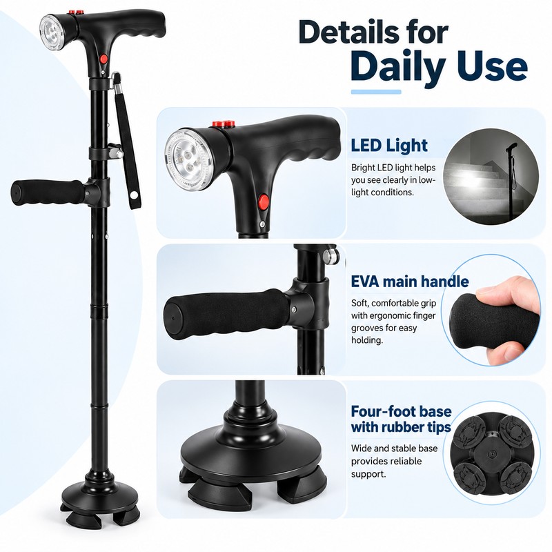 Folding Walking Cane with LED Light & Alarm – Adjustable