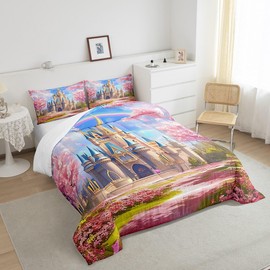 Homewish Princess Theme Comforter Set Queen Size,Dreamy Castle Pink Flowers Trees Bedding Set for Women Adult,Fairy Tales Style Blue Sky Rainbow Luxury Bed Duvet Insert, 2 Pillowcases