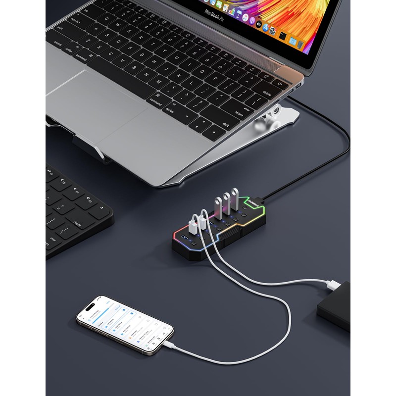 ZIUMIER USB 3.0 Hub,7 Ports USB Expander with RGB LED