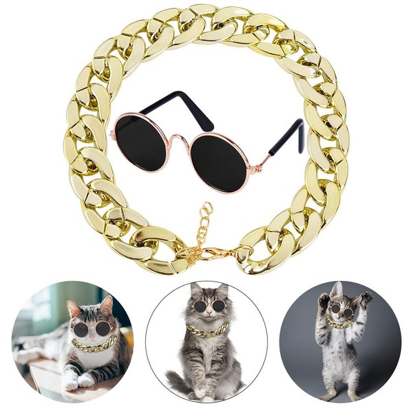 Legendog , 2pcs Fashion Cool Pet Sunglasses Adjustable Pet gold chain Set for Cats and Small Dogs