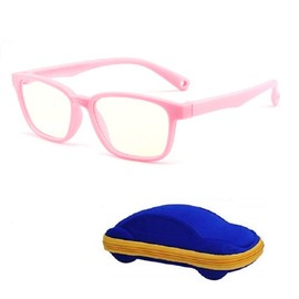 Blue Light Glasses For Kids With Cute Car Case Gamer Glasses Computer Blue Blocker Glasses Anti Blue Light Glasses Kids Age for 5-12 (PINK)