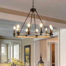 32" Rustic Farmhouse 10-Light Candle Chandelier, Black Metal and Wood Round Hanging Light Fixture for Dining Room (No Bulbs)Design Style: Modern, Lamp Power(W): 15, Product Size: 80x80x160cm