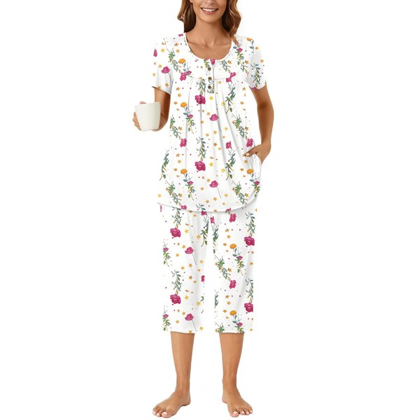 Bestbee Womens Pyjamas Set, 2 Piece Sleep Set Henley Neck