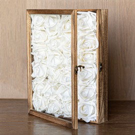 DUYONE Shadow Box Frame 13x16, Display Case with Linen Background,Real Glass Window Door with Hinge,Solid Wood Memory Box,Picture Wedding Bouquet Memorabilia Medals and Tickets