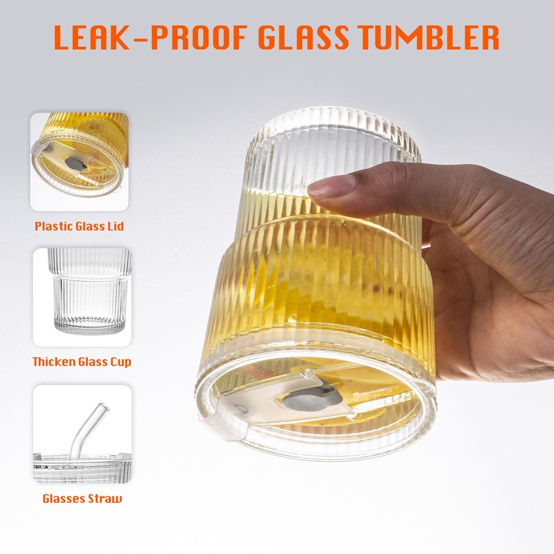 13oz/400ML Glass Tumbler with Straw and Lid Ribbed Vertical Ice