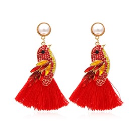 Bird Fringe Earrings, Red Bird Tassel Dangle Earrings for Women, Bohemian Pearl Sparrow Bird Vacation Earrings for Ladies, Cute Tropical Parrot Bird Statement Earrings Summer Boho Jewelry