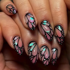 24Pcs Pink Colorful Press on Nails Short Almond Handmade Fake Nails Black False Nails with White Spot 3D Butterfly Wings Designs Full Cover Summer Acrylic Crystal Nails for Women DIY Manicure