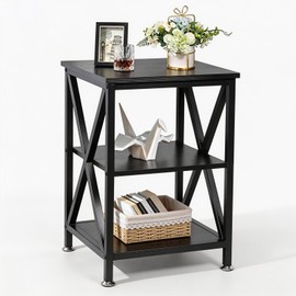 TooCust Square End Table with Storage Shelf, 16" D X 16" W X 24" H, 3-Tier End Table Living Room, Black Metal End Tables, X-Shaped Night Stand for Bedroom, Farmhouse Wood End Tables Black