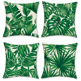 Bonhause Tropical Leaves Cushion Covers 45 x 45 cm Green Leaf Decorative Throw Pillow Covers Polyester Linen Pillowcases for Sofa Garden Outdoor Home Decor Set of 4