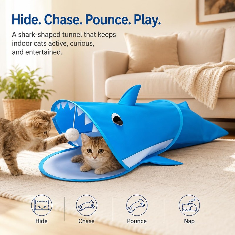 LUCKITTY Blue Shark Cat Tunnel Toy, Collapsible Pop-Up Cat Play