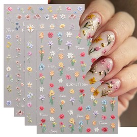 JMEOWIO 3D Embossed Flower Nail Art Stickers Decals Self-Adhesive 5D Spring Summer Floral Nail Supplies Nail Art Design Decoration Accessories 4 Sheets