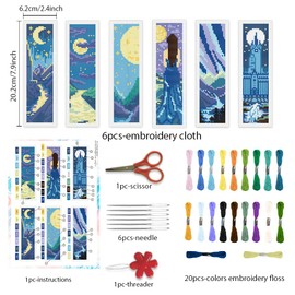 BEUNITONE 6 Pcs Cross Stitch Bookmark Kits for Adult Beginners Starry Sky Pattern DIY Stamped Embroidery Bookmark Kit with Instructions Cross Stitch Kits for Book Lovers Reader Writers Gift 2.4"x8"
