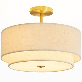 Double Drum 3 Light Semi Flush Mount Ceiling Light, Close to Ceiling Light Fixture, 16 Inch with Fabric Linen Shade, Gold Brass, for Living Room, Bedroom, Dining Room,Hallway and Entryway