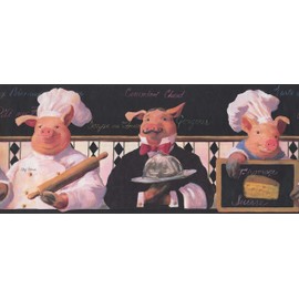 CONCORD WALLCOVERINGS ™ Restaurant Wallpaper Border Featuring French Chef and Waiter Pigs, Colors Pink White Black and Red, Size 11 Inches by 15 Feet KH5802B