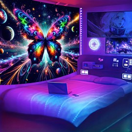 BlissYard Blacklight Butterfly Tapestry Moon Stars UV Reactive Galacy Space Tapestry Wall Tapestry Aesthetic Neon Mysterious Starry Night Sky Tapestry Wall Hanging for Bedroom 51" X 78"