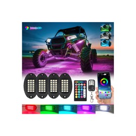 4Pods Aluminum RGBW LED Rock Lights Kit for ATV UTV 4 Wheeler Can-Am SXS RZR Side by Side Offroad Golf Cart with APP/RF Remote,Multicolor Metal Case Waterproof Bright Underglow Underbody Light 12V