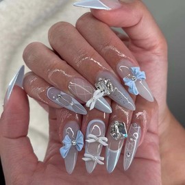 Hkanlre Bling Long Press on Nails Light Blue Fake Nails Tips Full Cover Almond Bow False Nails for Women and Girls 24PCS