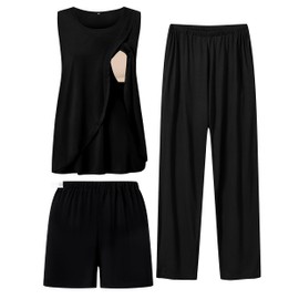 SWOMOG Breast Feeding Pajamas for Women Maternity Double Layer Pregnancy Outfits Nursing 3 Pieces Postpartum Pajama Set with Pocket Black