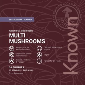 Known Tasty Multi Mushrooms Gummies – Lion’s Mane, Cordyceps – Immunity & Energy – Natural Blackcurrant Flavour – 30 Vegan Gummies, 15 Day Supply