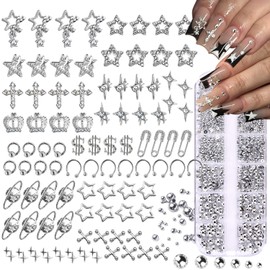 92pcs Star Nail Charms, 1 Box Silver Nail Pearls for Crafting Flat Back, Y2K Silver Metal Planet Cross for Acrylic Nail Art Rhinestones Dangling Star Nail Chains Cute Gems Manicure Decorations Bulk
