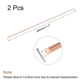 sourcing map 3mm Diameter 300mm Length Solid Copper Round Rod Lathe Bar Stock for DIY Craft CNC Cutting Pack of 2