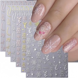 6Pcs Christmas Nail Stickers for Nail Art, Winter Xmas Cute Cartoon Snowflake Star Line Nail Design Nail Decals Holidays Style Nail Art Stickers for Women Salon Nail DIY Decoration Accessories