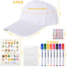 Pack of 6 DIY Cap White Cotton Baseball Cap Children's Caps for Painting Sports Baseball Caps for Children with 8 Watercolour Pencils Graffiti Cap Craft Set for Gift Ideas Boys Girls with Gift Box