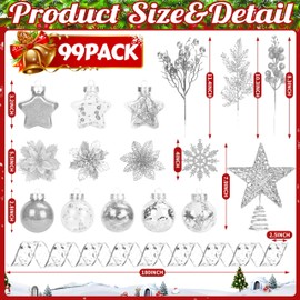 99 Pcs Christmas Tree Decorations Set, Assorted Christmas Balls Tree Topper Glitter Poinsettia Berry Stems Hanging Snowflakes Leaves Metallic Mesh Ribbons for Xmas Tree Holiday Party Decor(Silver)