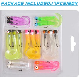 17pcs Soft Fishing Lures Jig Heads Hooks Kit Soft Plastic Grubs Worm Shad Swimbait Crappie Jig Head Hooks Lure Kit for Saltwater Freshwater Fishing